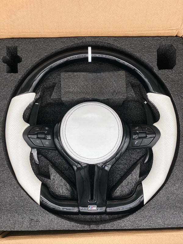 BMW F Series flat-bottom steering wheel - white leather, front view