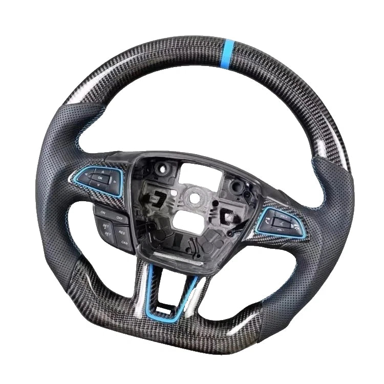 Ford Focus MK3 carbon fibre steering wheel front-on, with Nitrous Blue accents on the spokes and rim
